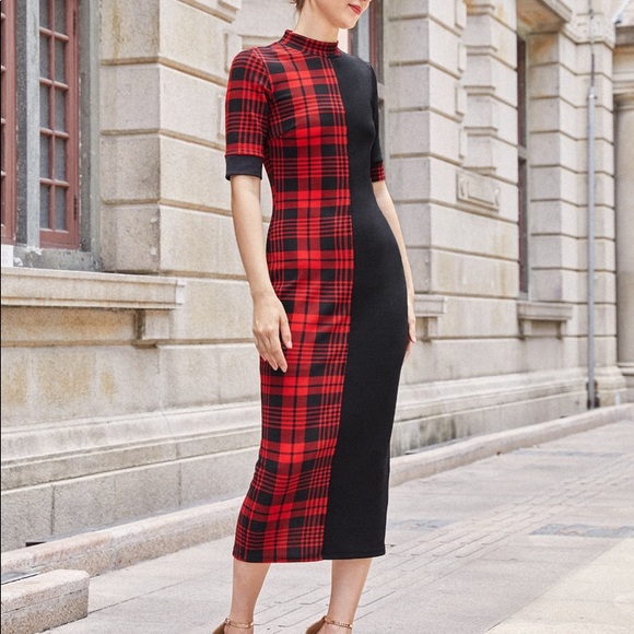 Simplybeautyful Mock Neck Plaid Split Hem Dress...New - Picture 1 of 4